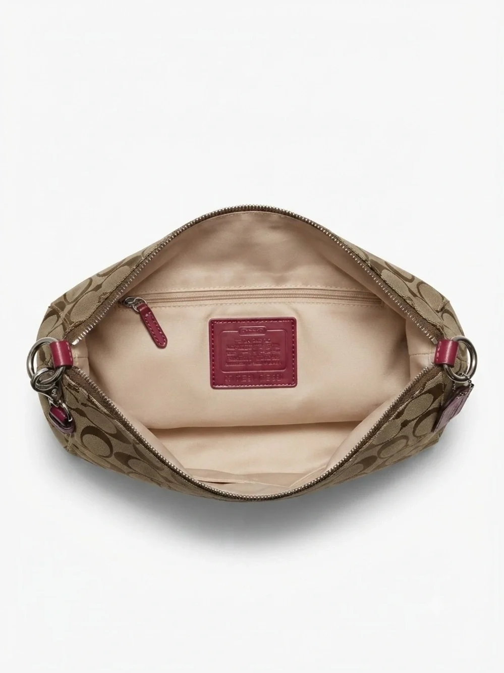 Coach Signature Khaki & Berry Red Canvas Hobo Shoulder Bag with Crossbody Strap